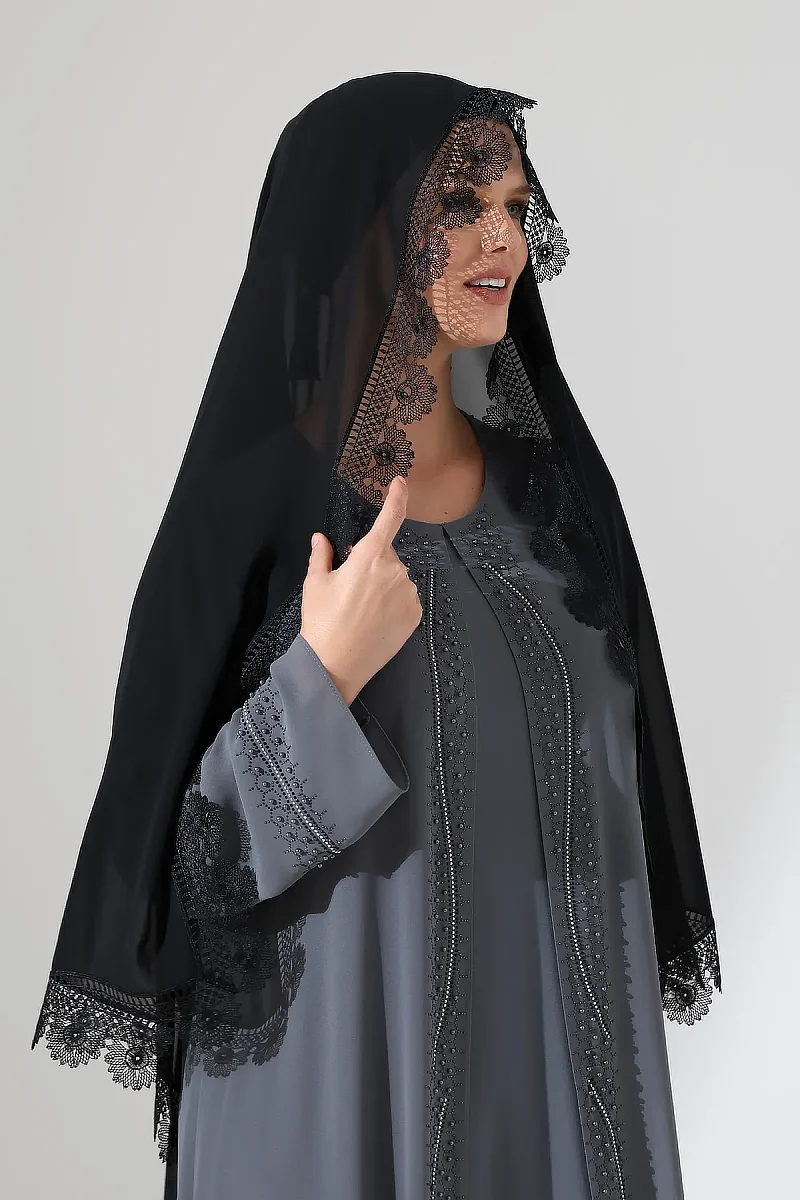İğne Oyalı Dantelli Güpürlü Eşarp Demor Mevlüt Örtüsü Namaz Örtüsü Papatya Motifli Siyah (SNL) - 2