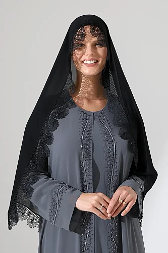 İğne Oyalı Dantelli Güpürlü Eşarp Demor Mevlüt Örtüsü Namaz Örtüsü Papatya Motifli Siyah (SNL) - 5