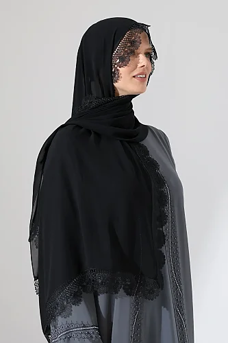 İğne Oyalı Dantelli Güpürlü Eşarp Demor Mevlüt Örtüsü Namaz Örtüsü Papatya Motifli Siyah (SNL) - 6