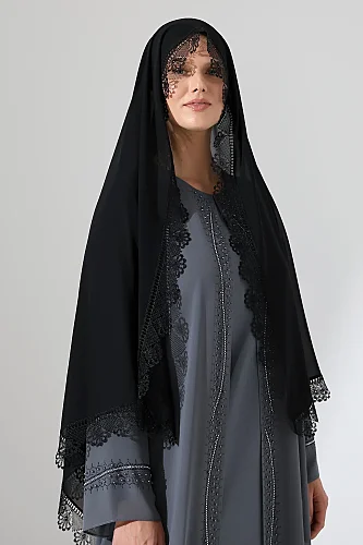 İğne Oyalı Dantelli Güpürlü Eşarp Demor Mevlüt Örtüsü Namaz Örtüsü Siyah (SNL) - 6