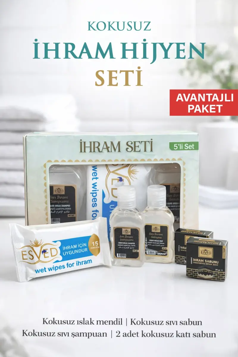 İhrama Uygun Kokusuz 5'li Hijyen Seti - Şampuan, Sabun, Islak Mendil (Avantajlı Paket) - 1