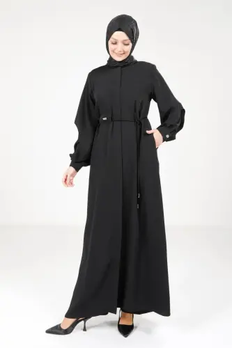 Siyah Fermuarlı Kolları Yırtmaçlı Beyaz Biyeli Spor Tesettür Ferace 9327-25 - Beyza (1)