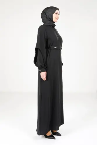 Siyah Fermuarlı Kolları Yırtmaçlı Beyaz Biyeli Spor Tesettür Ferace 9327-25 - 3