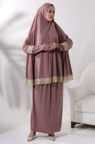 İki Parça Fistolu Pratik Alt Üst Namaz Elbisesi 8018 Gül Kurusu - 2
