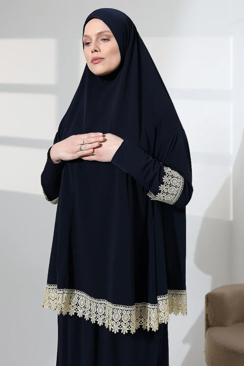 İki Parça Fistolu Pratik Alt Üst Namaz Elbisesi 8018 Lacivert - 7