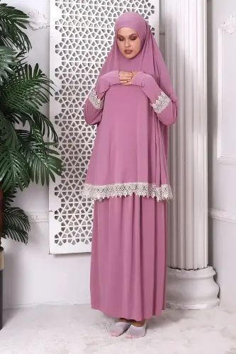 İki Parça Fistolu Pratik Alt Üst Namaz Elbisesi 8018 Pembe 