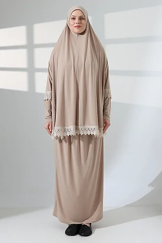 İki Parça Fistolu Pratik Alt Üst Namaz Elbisesi 8018 Vizon - 2