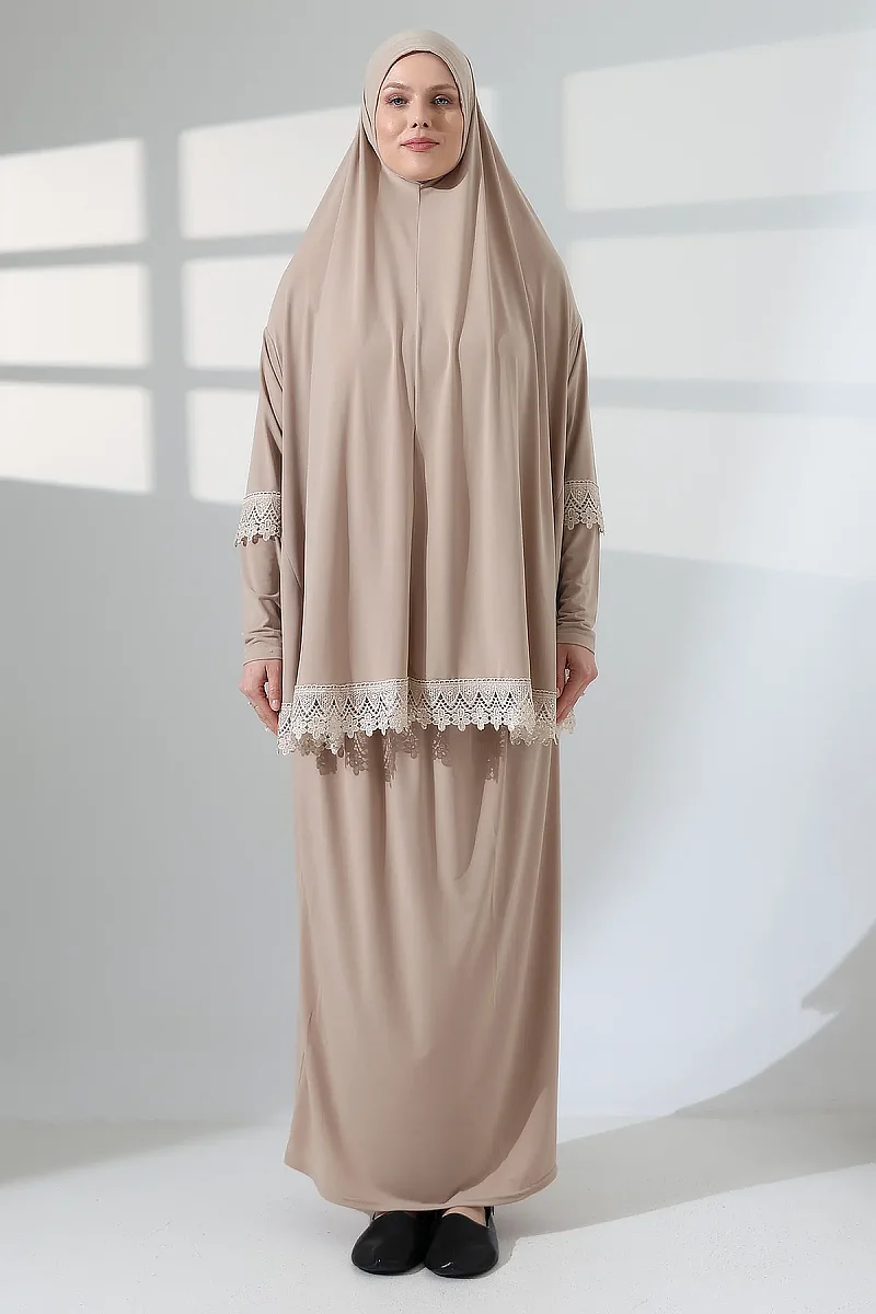 İki Parça Fistolu Pratik Alt Üst Namaz Elbisesi 8018 Vizon - 2