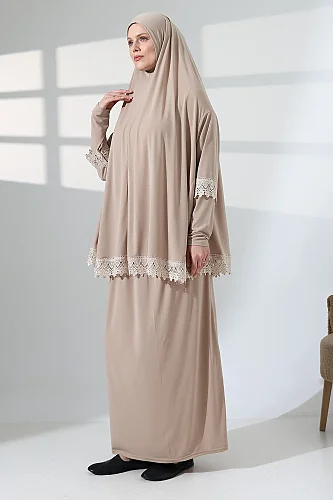 İki Parça Fistolu Pratik Alt Üst Namaz Elbisesi 8018 Vizon - 3