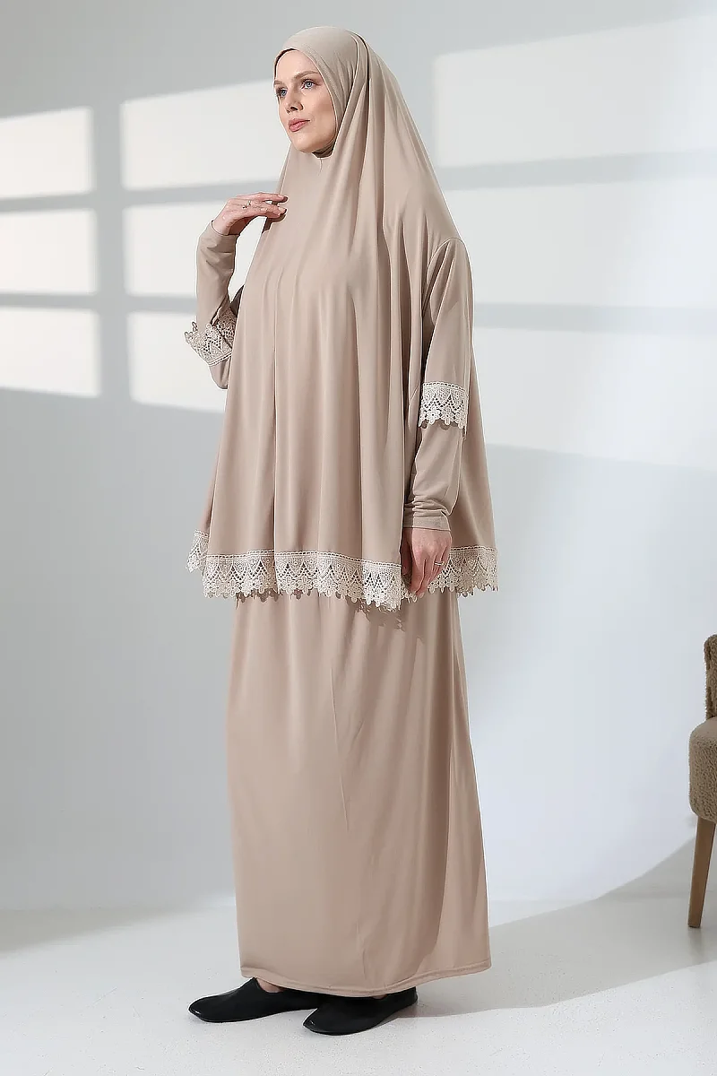 İki Parça Fistolu Pratik Alt Üst Namaz Elbisesi 8018 Vizon - 3