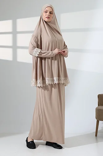 İki Parça Fistolu Pratik Alt Üst Namaz Elbisesi 8018 Vizon - 4