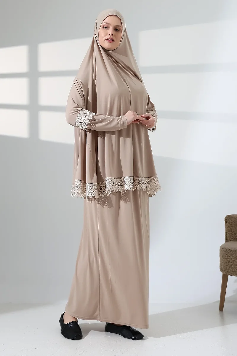 İki Parça Fistolu Pratik Alt Üst Namaz Elbisesi 8018 Vizon - 4