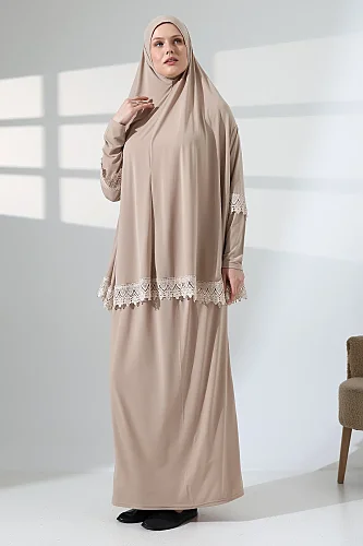 İki Parça Fistolu Pratik Alt Üst Namaz Elbisesi 8018 Vizon 