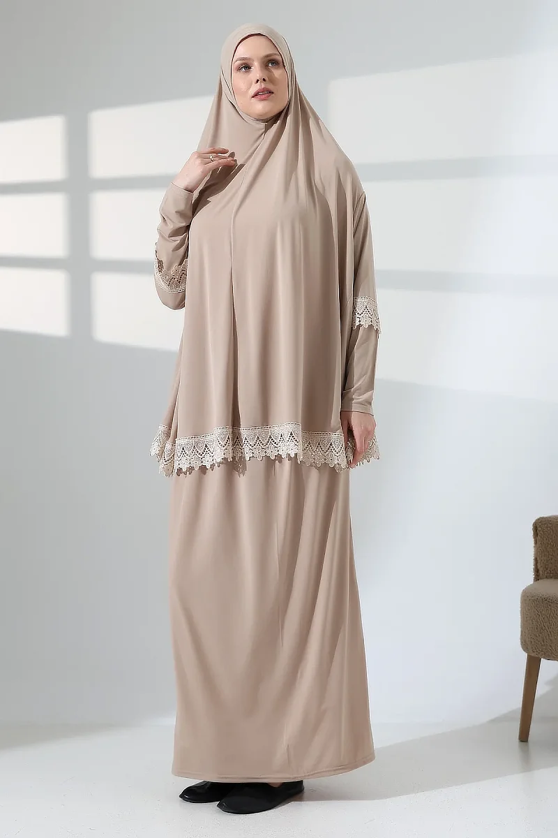 İki Parça Fistolu Pratik Alt Üst Namaz Elbisesi 8018 Vizon - 1