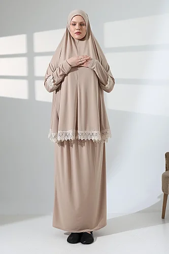 İki Parça Fistolu Pratik Alt Üst Namaz Elbisesi 8018 Vizon - 5