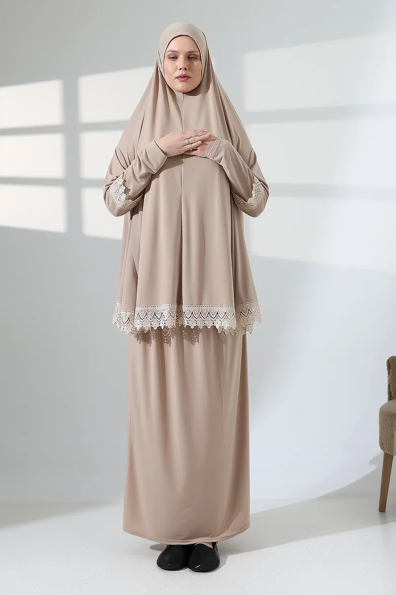 İki Parça Fistolu Pratik Alt Üst Namaz Elbisesi 8018 Vizon - 5