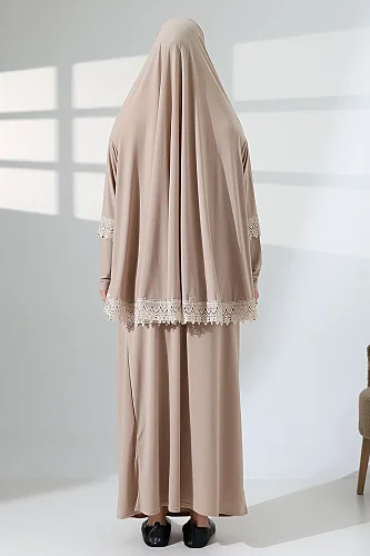 İki Parça Fistolu Pratik Alt Üst Namaz Elbisesi 8018 Vizon - 7