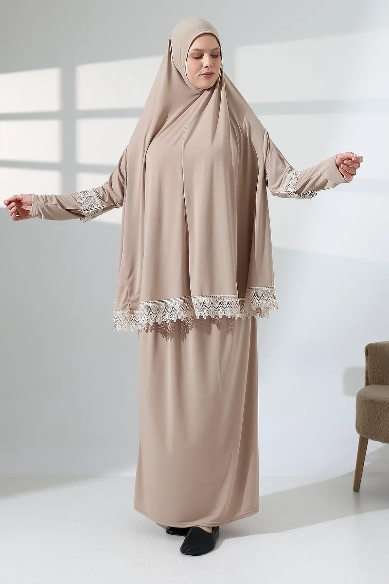 İki Parça Fistolu Pratik Alt Üst Namaz Elbisesi 8018 Vizon - 8