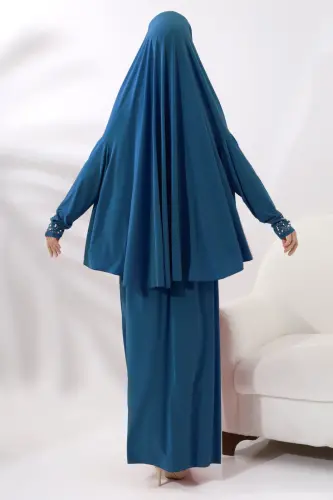 İki Parça İnci Taşlı Alt Üst Pratik Namaz Elbisesi 8017 Petrol - ihvanonline (1)