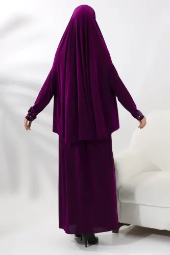 İki Parça İncili Taşlı Alt Üst Pratik Namaz Elbisesi 8017 Fuşya - ihvanonline (1)