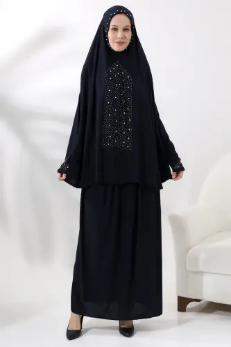 İki Parça İncili Taşlı Alt Üst Pratik Namaz Elbisesi 8017 Lacivert 