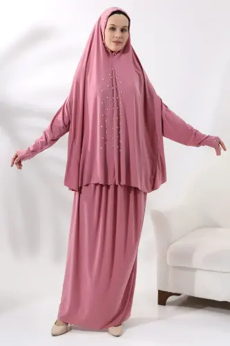 İki Parça İncili Taşlı Alt Üst Pratik Namaz Elbisesi 8017 Pembe 