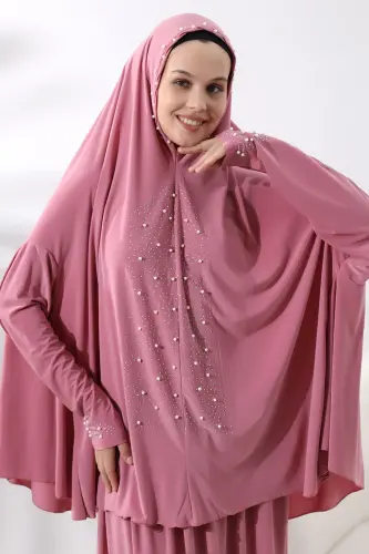 İki Parça İncili Taşlı Alt Üst Pratik Namaz Elbisesi 8017 Pembe - 4