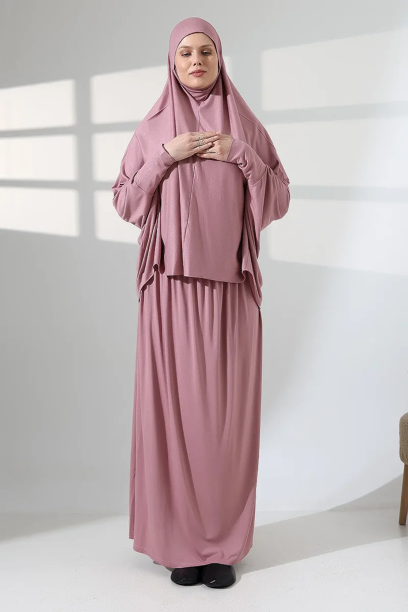 İki Parça Pratik Namaz Elbisesi 8016 Gül Kurusu - 3
