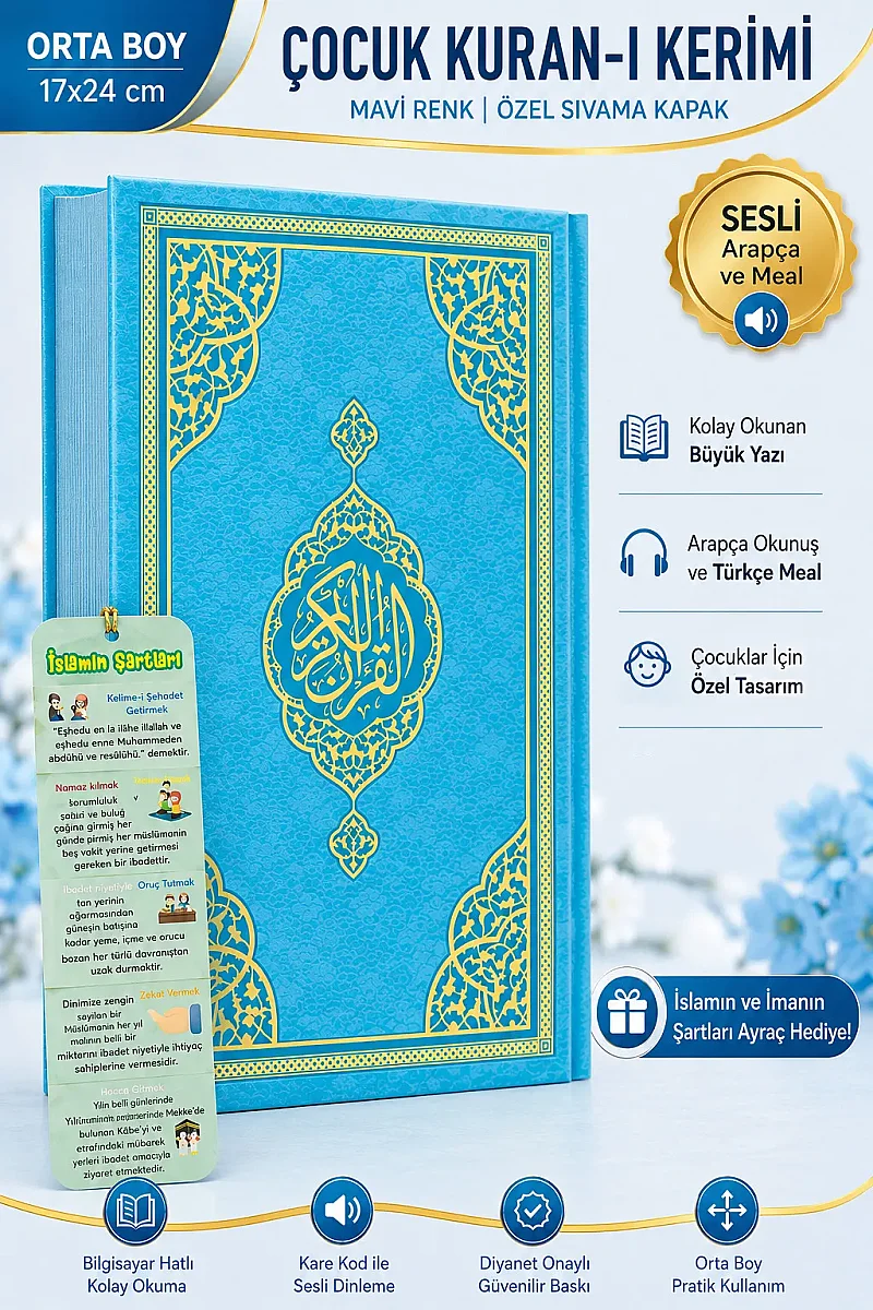 İlk Kuranım Çocuk Serisi Orta Boy Bilgisayar Hatlı Ayraçlı Sıvama Kapak Arapça Kuranı Kerim Mavi - 1
