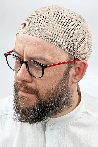 İlmek Dantel Örme Namaz Takkesi - Bej - 1
