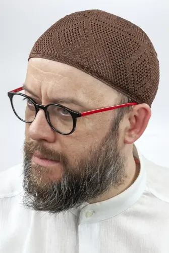 İlmek Dantel Örme Namaz Takkesi - Kahverengi 