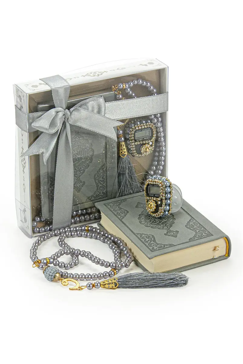 Pearl Rosary and Chanting Grey Medina Hatli Korani Karim Set Religious Gift - 1