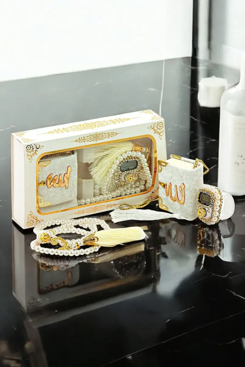 İnci Tesbihli Taşlı Zikirmatik ve Mini Kadife Kuran-ı Kerim Set Mevlüt Hediyesi - Beyaz - 1