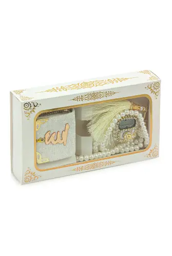 İnci Tesbihli Taşlı Zikirmatik ve Mini Kadife Kuran-ı Kerim Set Mevlüt Hediyesi - Beyaz - ihvanonline (1)