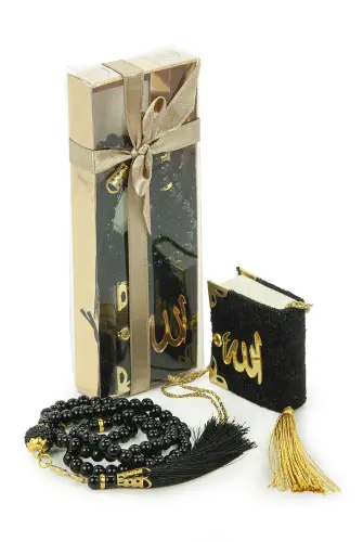 İnci Tesbihli ve Mini Kadife Kuranı Kerim Set Mevlüt Hediyesi - Siyah 