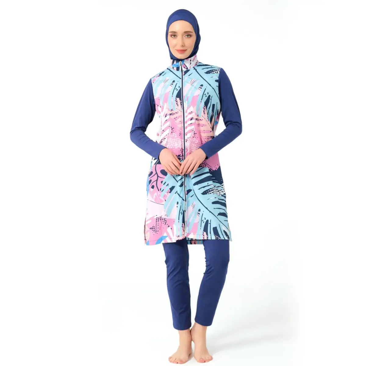 İndigo Doğa Desenli Biye Süslemeli Tam Kapalı Kadın Tesettür Mayo 23433-25 - 1