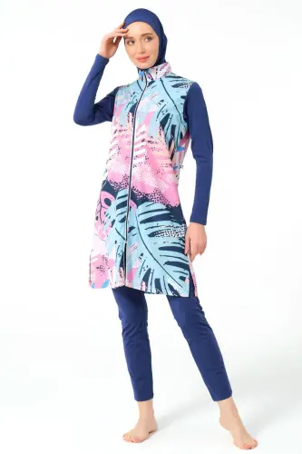 İndigo Doğa Desenli Biye Süslemeli Tam Kapalı Kadın Tesettür Mayo 23433-25 - Alfasa (1)