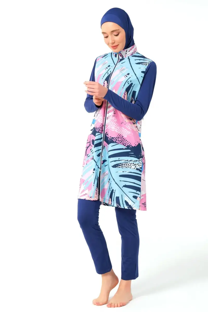 İndigo Doğa Desenli Biye Süslemeli Tam Kapalı Kadın Tesettür Mayo 23433-25 - 3