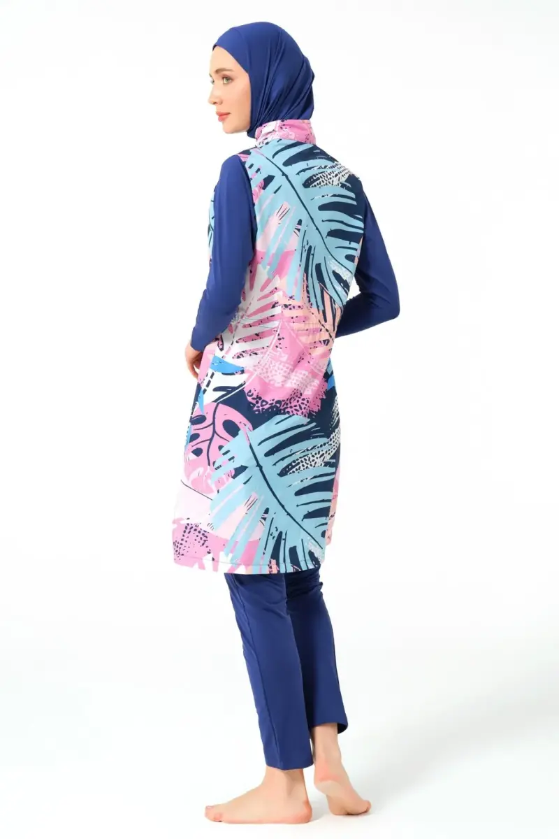 İndigo Doğa Desenli Biye Süslemeli Tam Kapalı Kadın Tesettür Mayo 23433-25 - 4