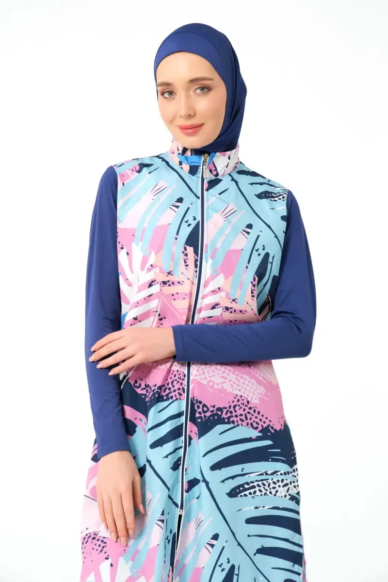 İndigo Doğa Desenli Biye Süslemeli Tam Kapalı Kadın Tesettür Mayo 23433-25 - 5