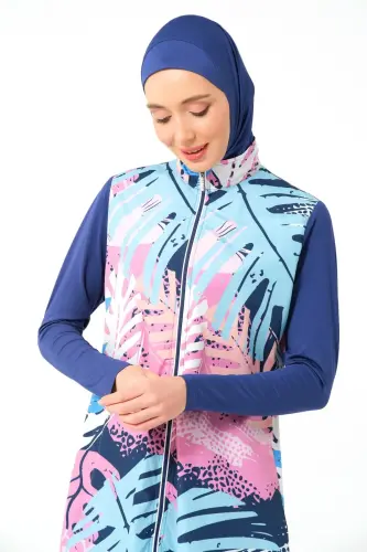 İndigo Doğa Desenli Biye Süslemeli Tam Kapalı Kadın Tesettür Mayo 23433-25 - 6