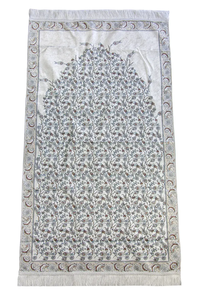 Kadife İpek Dokulu Keseli Lale İşlemeli Seccade - 62x110 cm, Pratik ve Taşınabilir - Krem - 2