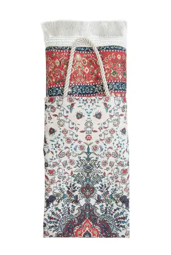 İpeksi Dokulu Çantalı Kadife Seccade - Çiçek Motifli, Pratik, Taşınabilir - Bordo - 6