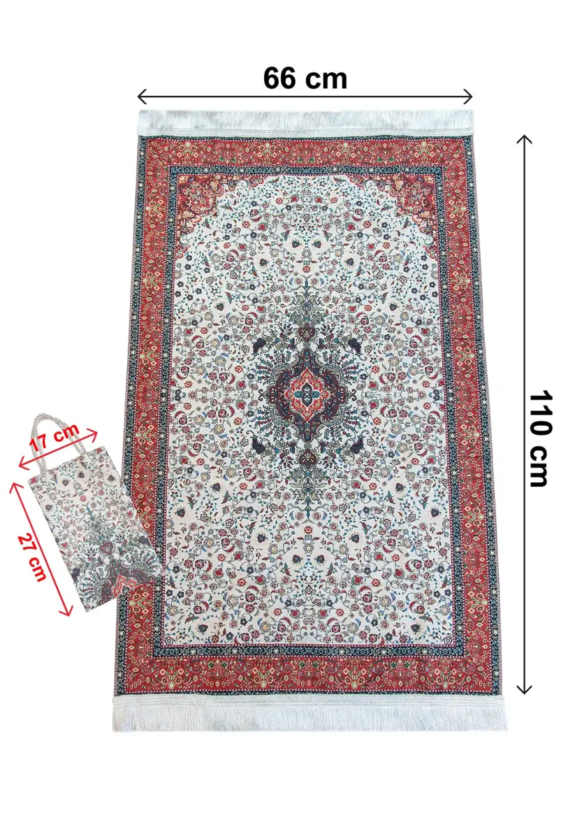 İpeksi Dokulu Çantalı Kadife Seccade - Çiçek Motifli, Pratik, Taşınabilir - Bordo - 4