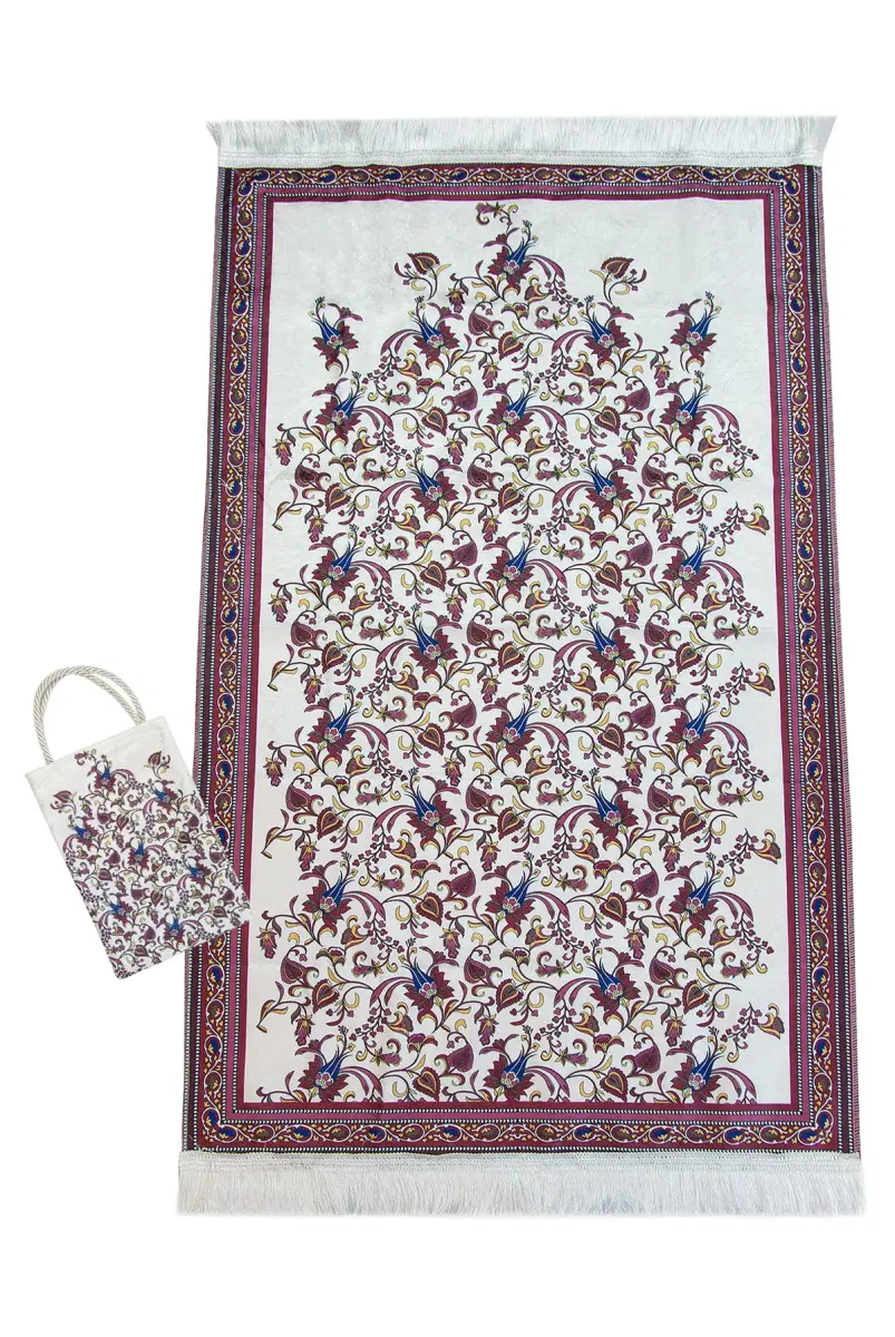 İpeksi Dokulu Çantalı Kadife Seccade - Lale Desenli, Pratik, Taşınabilir - Bordo - 2