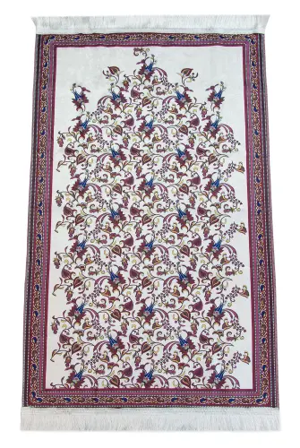 İpeksi Dokulu Çantalı Kadife Seccade - Lale Desenli, Pratik, Taşınabilir - Bordo - 6