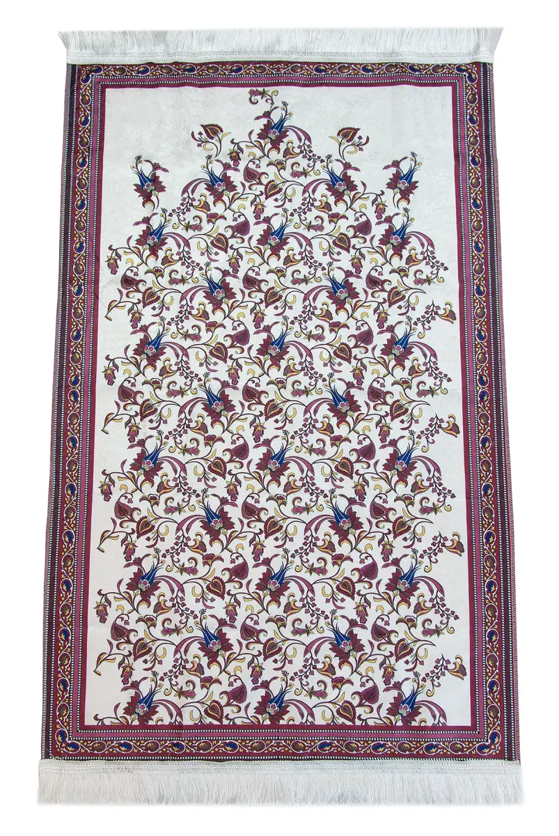 İpeksi Dokulu Çantalı Kadife Seccade - Lale Desenli, Pratik, Taşınabilir - Bordo - 6