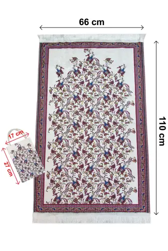 İpeksi Dokulu Çantalı Kadife Seccade - Lale Desenli, Pratik, Taşınabilir - Bordo - 8