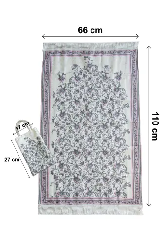 İpeksi Dokulu Çantalı Kadife Seccade - Lale Desenli, Pratik, Taşınabilir - Lila - 5