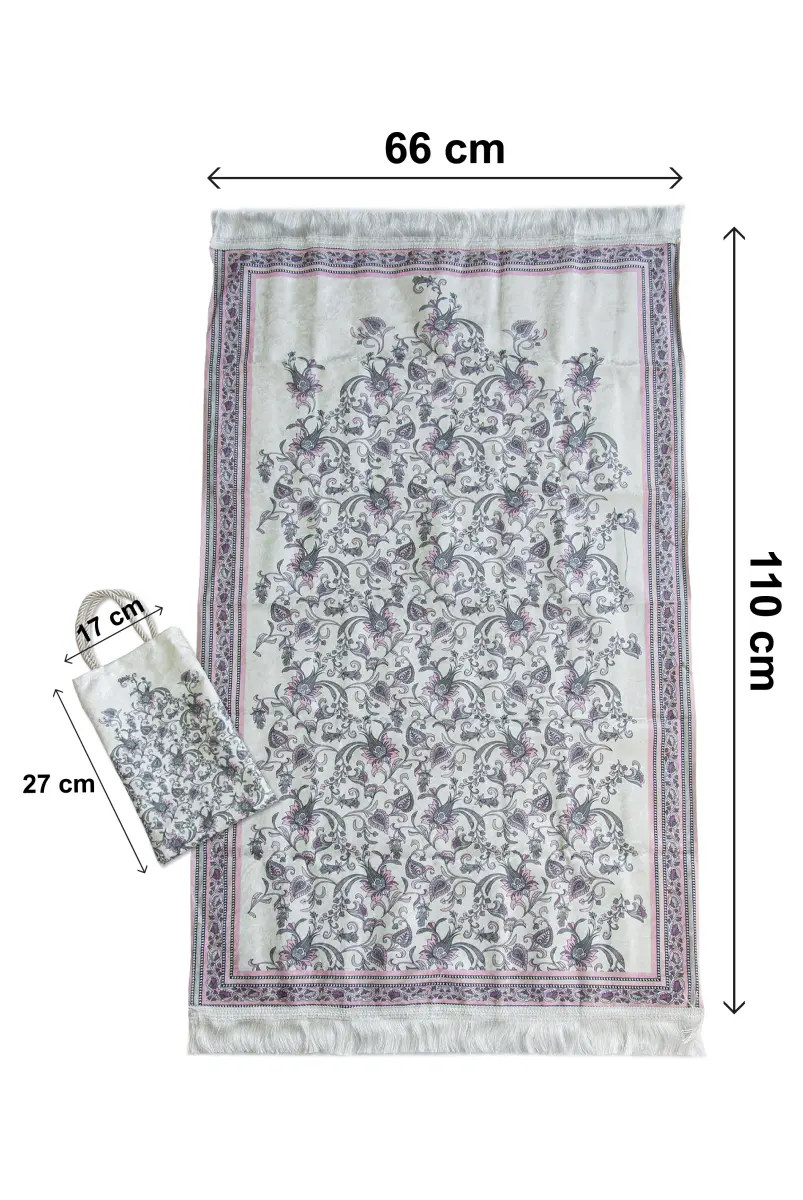 İpeksi Dokulu Çantalı Kadife Seccade - Lale Desenli, Pratik, Taşınabilir - Lila - 5